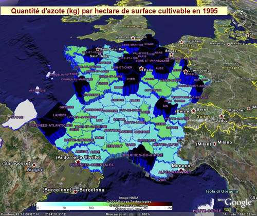 carte des quantités d'azote utilisées en France en 1995