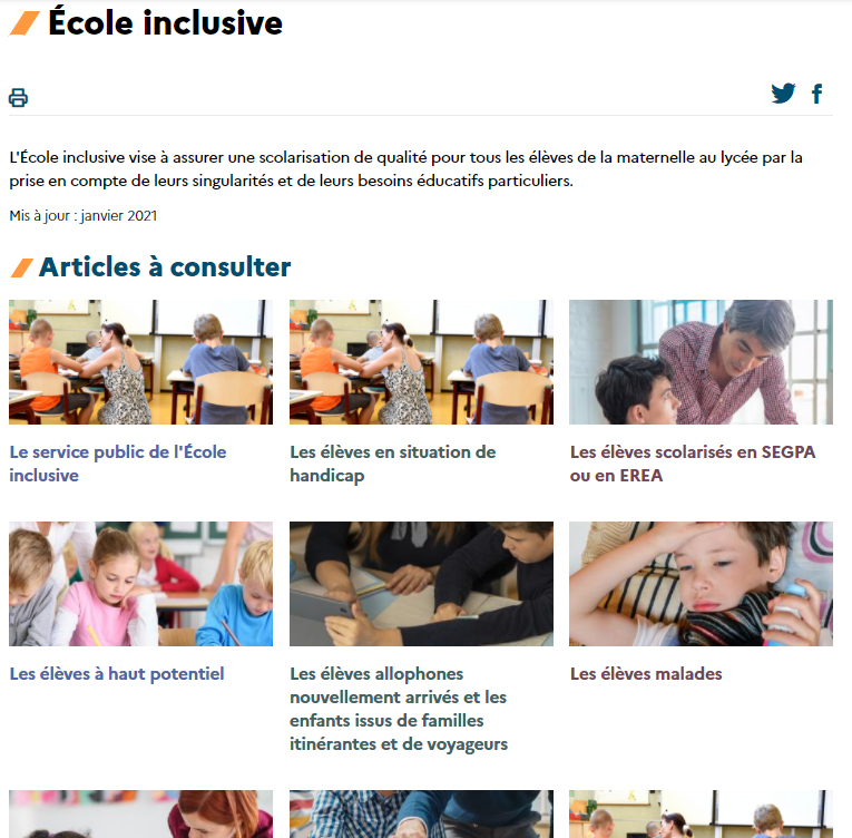 Capture d’écran du site Eduscol, page École inclusive