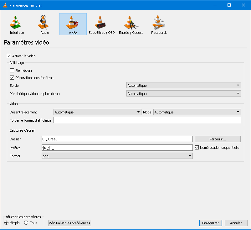 Fenêtre paramètres du logiciel VLC