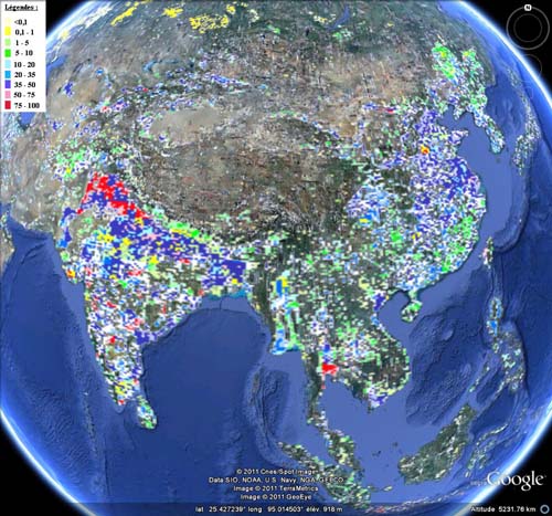 globe virtuel affichant les terres agricoles irriguées