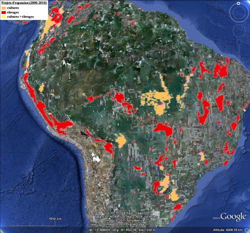 carte des projets d'extension des terres arables et pâturages en Amérique du Sud