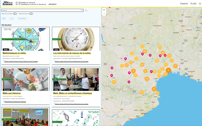 Capture d'écran du site Fête de la science : Cartographie des actions en Occitanie
