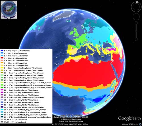Globe virtuel avec la répartition des climats
