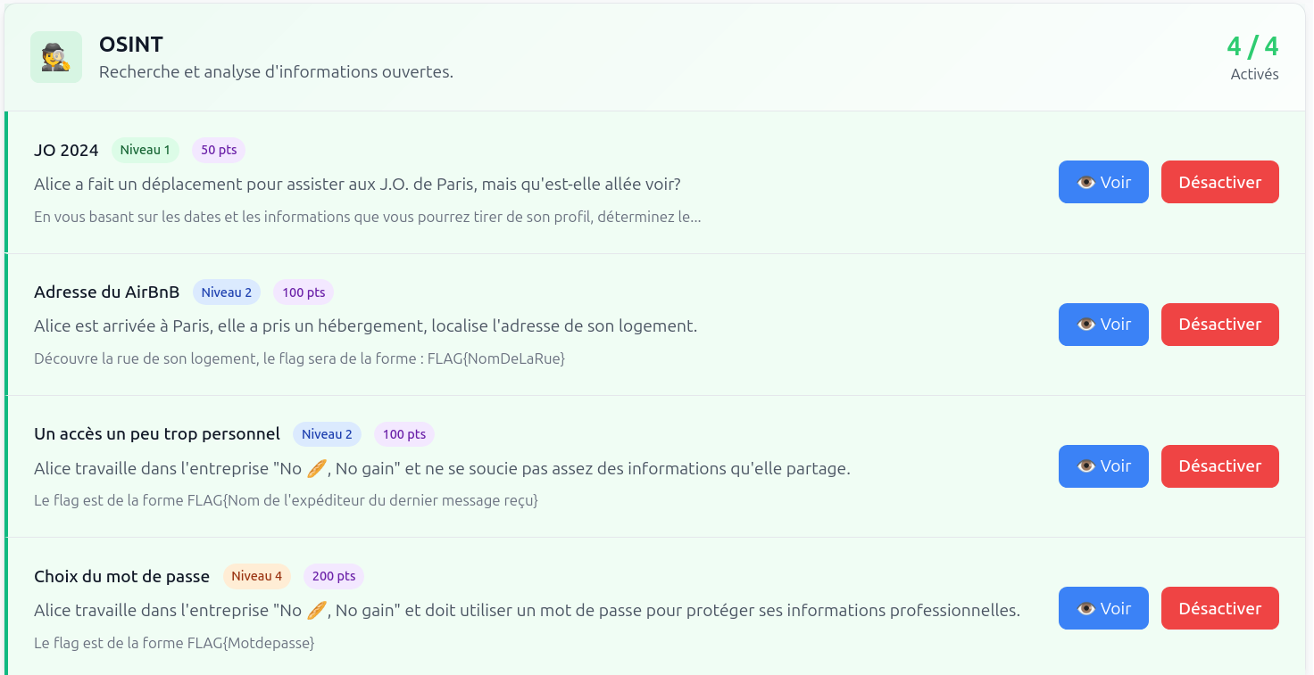 Le dashboard de la plateforme CTF du lycée Maillol