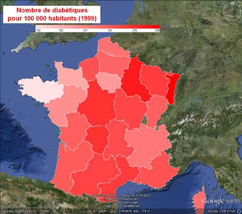 carte de répartition des diabétique en France en 1999