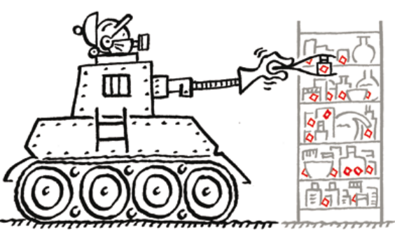 Une personne protégée dans un tank prend un produit chimique sur une étagère