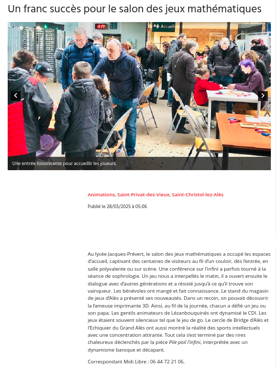 Article du Midi Libre sur le succès du salon des jeux mathématiques