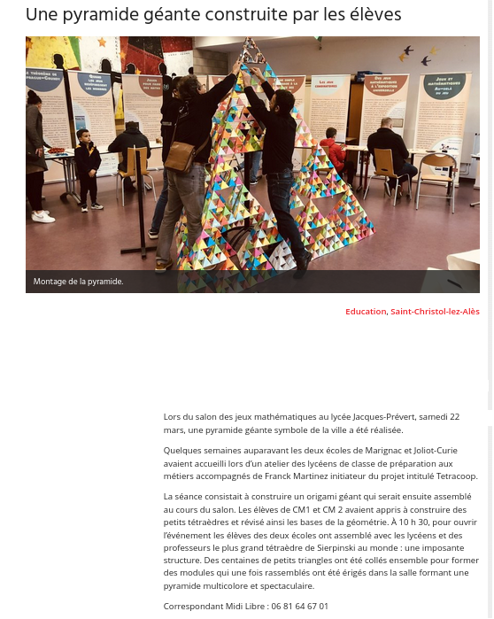 Article du Midi Libre sur une pyramide de Menger géante construite par les élèves
