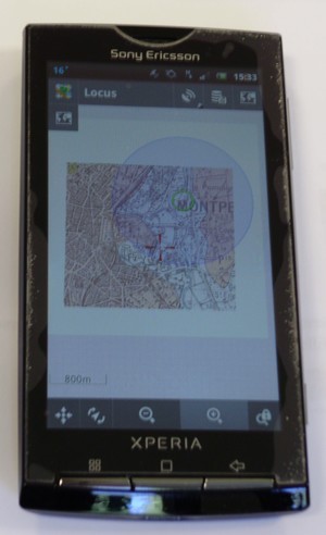 La carte affichée avec le positionnement GPS