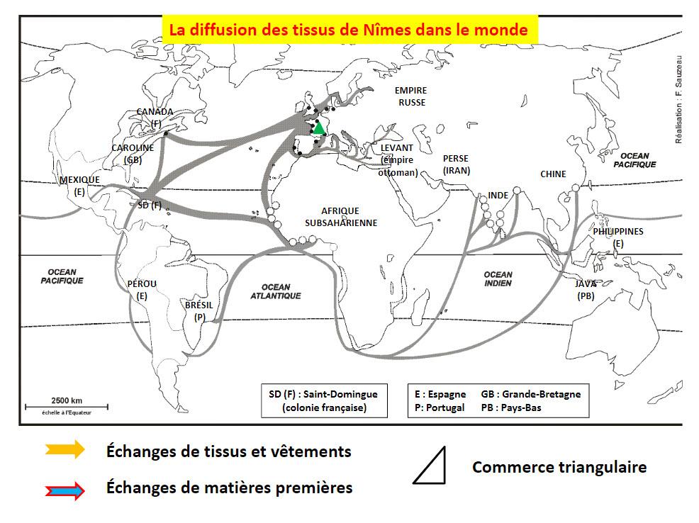 carte de la diffusion des tissus de Nîmes dans le monde