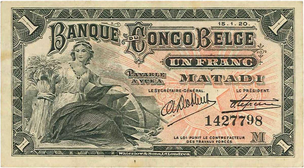 Un billet de 1 franc du Congo belge daté de 1920