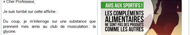 Copie d'un mail d'un élève à son professeur concernant les compléments alimentaires