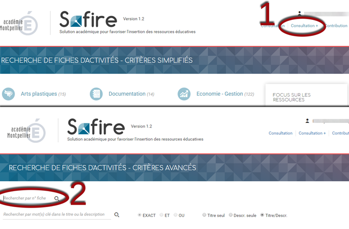 Notice Safire 1) Cliquer sur consulter +  ;  2) Renter le numéro de la fiche