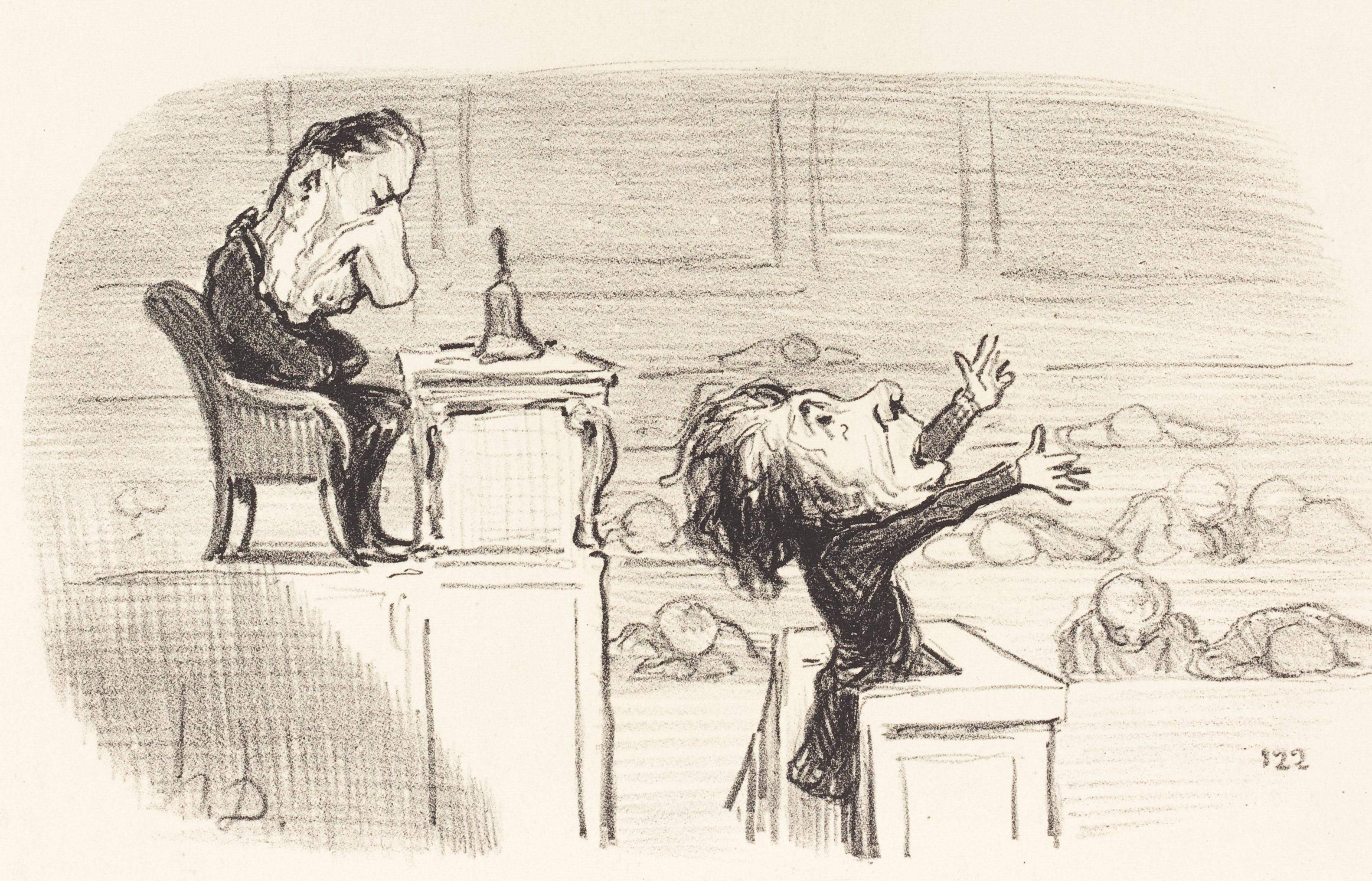 Caricature d'Honoré Daumier, "Quand un orateur monte à la tribune", 1850
