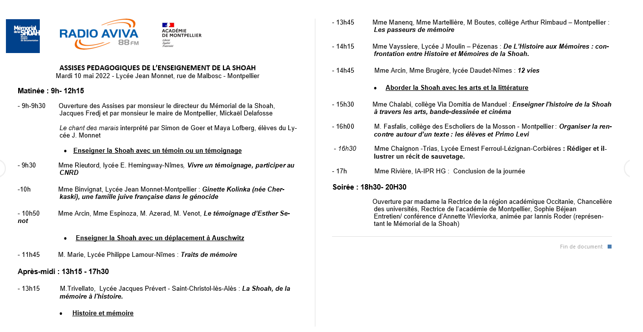 Programme des assises pédagogiques de l'enseignement de la Shoah