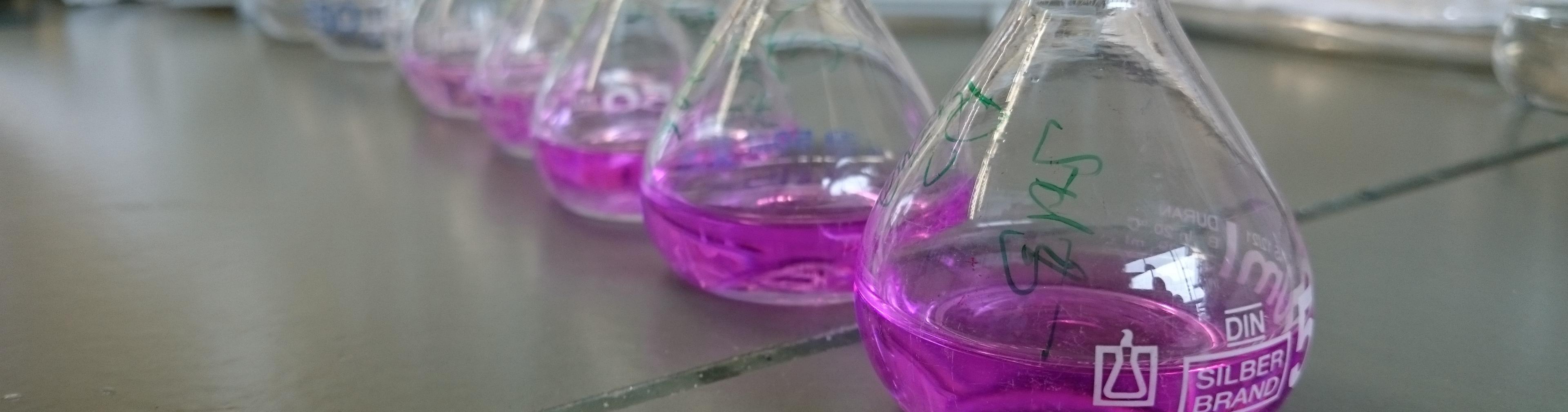 Des fioles jaugées avec différentes solutions