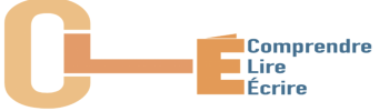 Trois lettre C L E en orange et trois mots comprendre lire et écrire en bleu