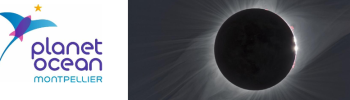 Logo Planet Ocean Montpellier, une éclispe de Soleil, et des lunettes de protection pour regarder une éclipse de Soleil